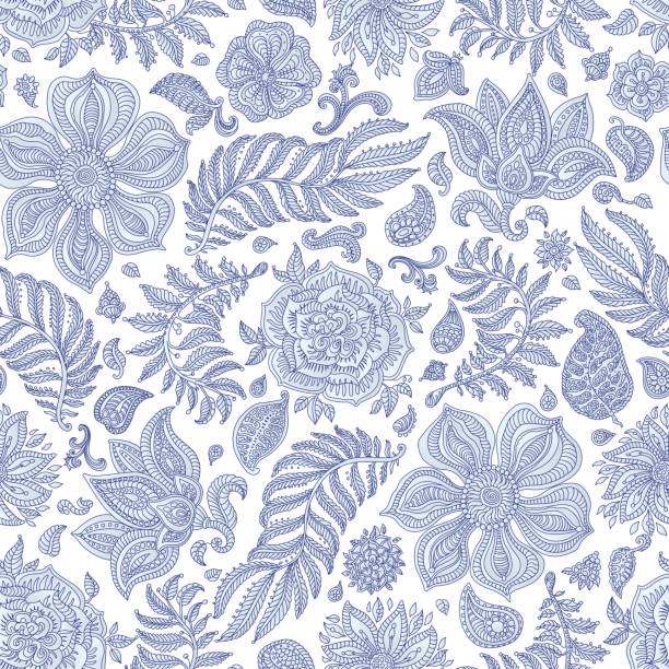 추상적인 벡터 꽃 패턴 완벽 한 집입니다. 이국적인 실버 그레이 페이 즐 리 요소, 환상적인 꽃, 나뭇잎. 다크 인디 고 블루 얇은 컨투어 선. 흰색 배경에 요정 단풍입니다. 섬유 보헤미안 인쇄입니다. 바 틱 그림입니다. 빈티지 - textile blue leaf paisley stock illustrations