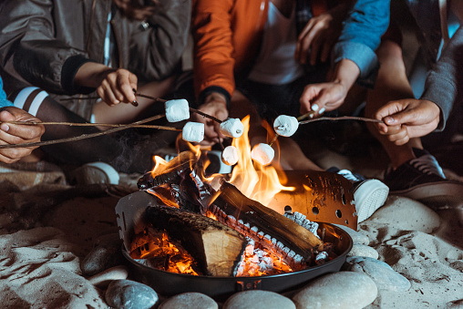 cropped shot of casual friends roasting marshmallows on bonfire