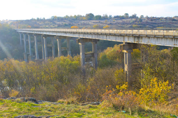 View on the bridge across the river Southern Bug in Ukraine on autumn