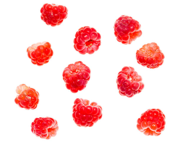 istock Juicy red raspberries on white background 806134412