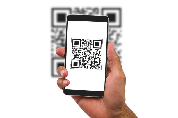 istock Man's hand holding smartphone scanning QR code on white background, business concept 806137070