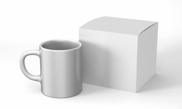 Realistic blank ceramic white coffee cup and mug with paper cardboard packaging isolated on white background. design template. 3d render illustration