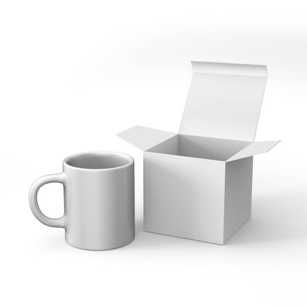 istock Realistic blank ceramic white coffee cup and mug with paper cardboard packaging isolated on white background. design template. 3d render illustration 806165530