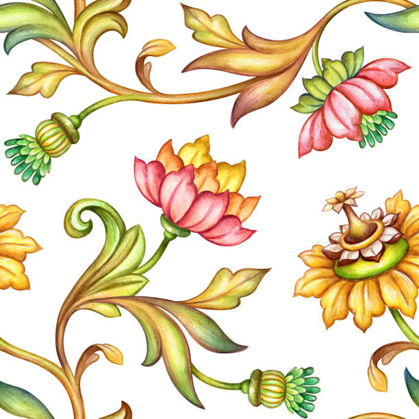 illustrazioni stock, clip art, cartoni animati e icone di tendenza di motivo floreale senza cuciture, sfondo medievale, illustrazione dipinta a mano ad acquerello, fiori e foglie colorati, carta da parati botanica vintage - old clover scroll scroll shape