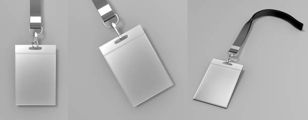 tarjetas de identificación de plástico blanco de identificación y gafete con broche y cordones aislados en fondo gris ilustración de render 3d. - credencial de prensa fotografías e imágenes de stock