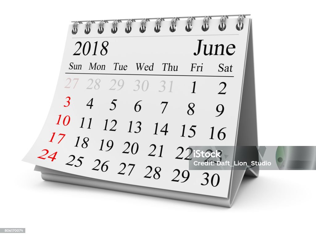 June 2018 3D image of isolated calendar. 2018 Stock Photo