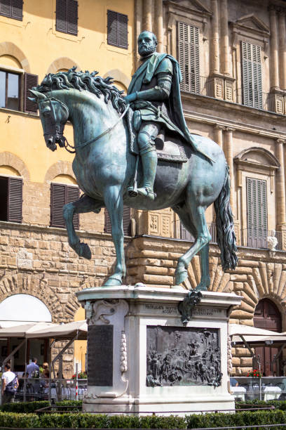 Statue of Cosimo I Medici, Tuscany, Italy Equestrian Statue of Cosimo I Medici (1598) at Piazza della Signoria in Florence. Cosimo I de Medici became head of the Florentine Republic in 1537. Tuscany, Italy Cosimo stock pictures, royalty-free photos & images