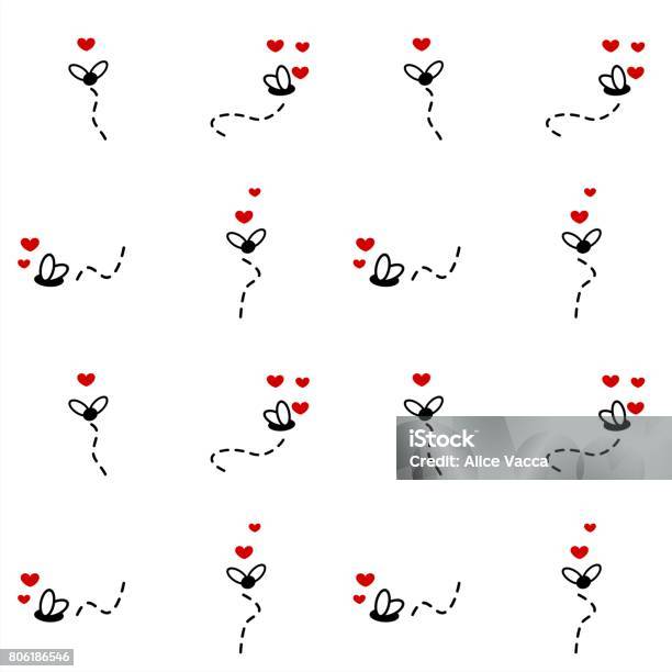 Cute Flies Cartoon With Hearts Seamless Vector Pattern Background Illustration Stock Illustration - Download Image Now