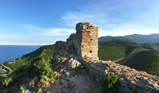 Ampuglia tower in Pietracorbara. Remains of medieval castle in Cap Corse. Corsica. France.