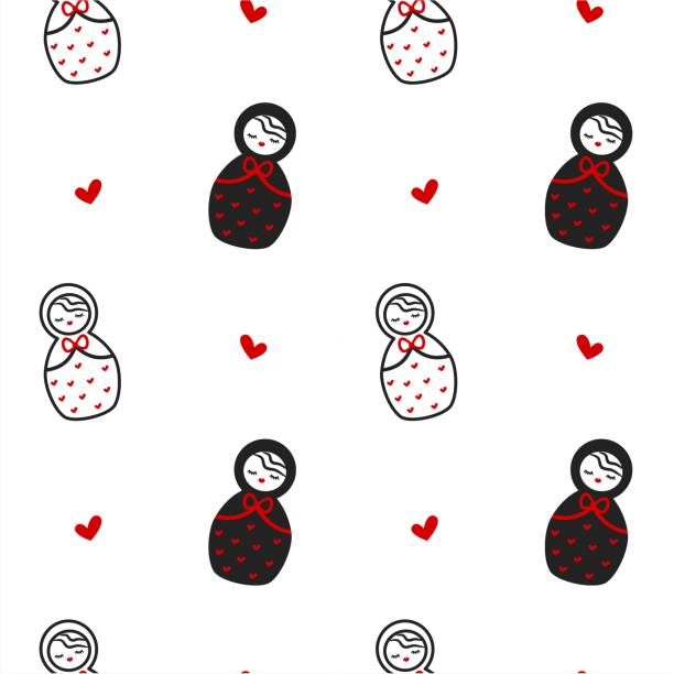 illustrations, cliparts, dessins animés et icônes de mignon noir blanc rouge matriochka, matriochka traditionnelle en bois transparente motif fond illustration vectorielle - wood toy babushka isolated on white