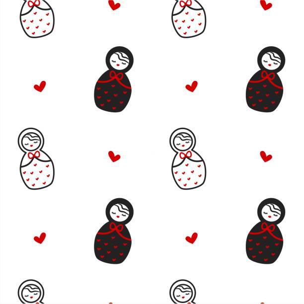 милый черный белый красный matryoshka , русский традиционный деревянный кукольный бесшовный вектор шаблон фоновой иллюстрации - wood toy babushka isolated on white stock illustrations