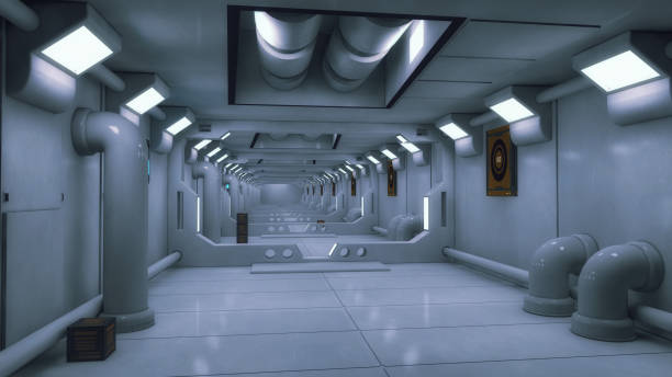 istock 3d render. Futuristic spaceship interior corridor background 806194358