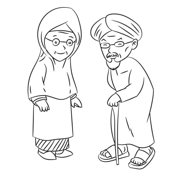 ilustrações, clipart, desenhos animados e ícones de cartoon desenho de linha de idoso malaio - vetor de caracteres - senior couple isolated white background standing
