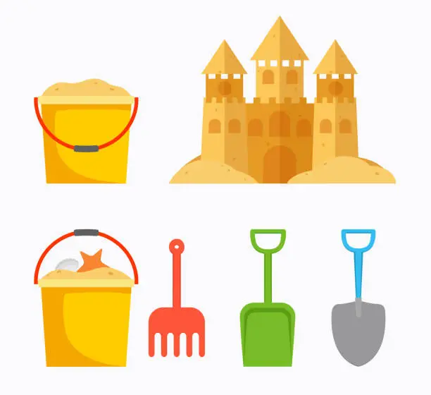 Vector illustration of Beach sand castle with children's bucket, sand bucket, shovel, rake. Baby summer accessories for beach.