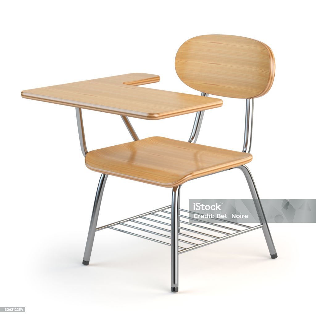 Wooden school desk and chair isolated on white. Wooden school desk and chair isolated on white. 3d illustration Desk Stock Photo