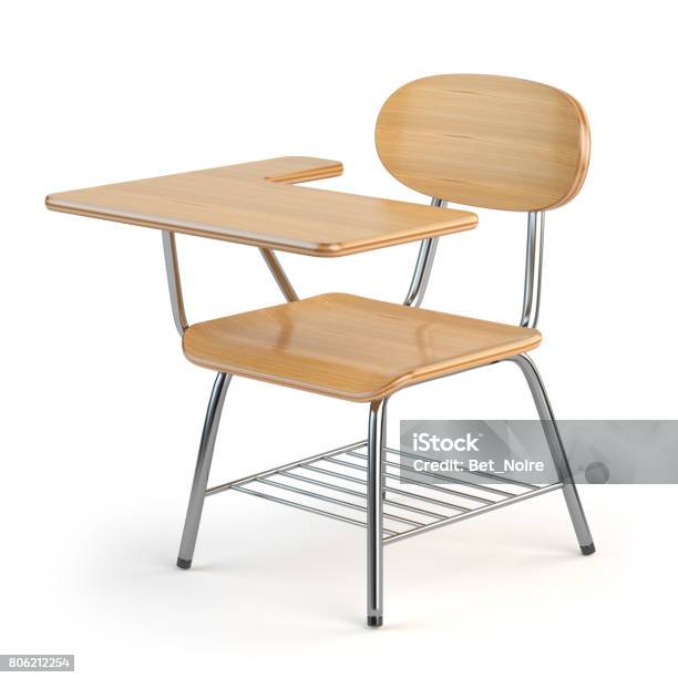 Wooden School Desk And Chair Isolated On White Stock Photo - Download Image Now - Desk, Education, Chair