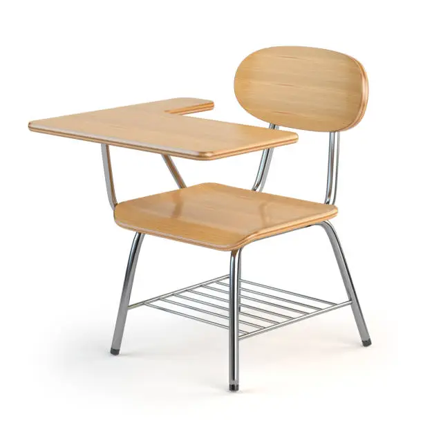Photo of Wooden school desk and chair isolated on white.
