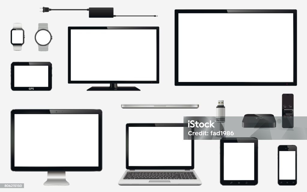 rijkdom tempel Het formulier Set Of Realistic Tv Computer Monitor Laptops Tablet Mobile Phone Smart  Watch Usb Flash Drive Gps Navigation System Device Tv Box Receiver With  Remote Controller And Electric Plug Stock Illustration - Download