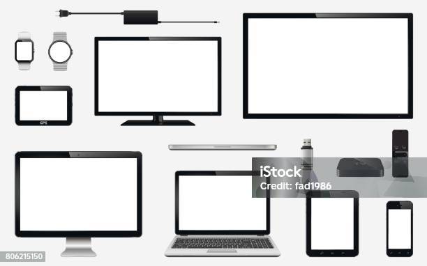 Set Of Realistic Tv Computer Monitor Laptops Tablet Mobile Phone Smart Watch Usb Flash Drive Gps Navigation System Device Tv Box Receiver With Remote Controller And Electric Plug Stock Illustration - Download Image Now