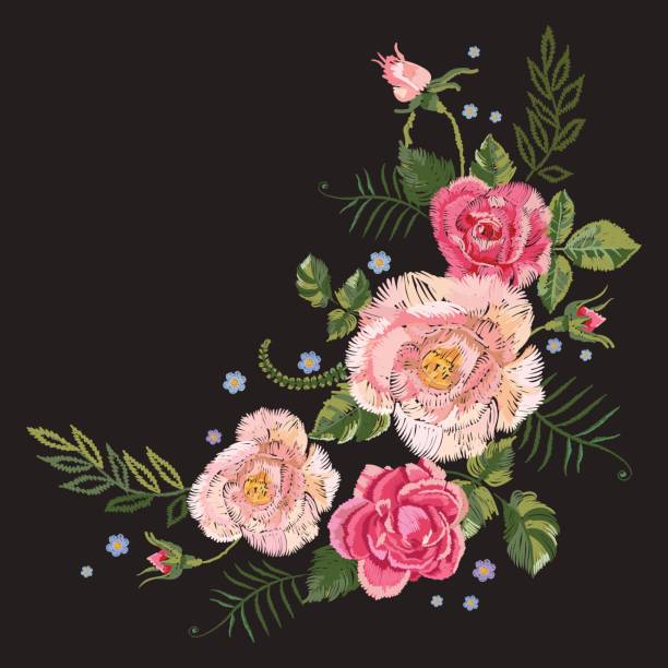 istock Embroidery traditional botanical pattern with pink roses and forget me not. 806221320