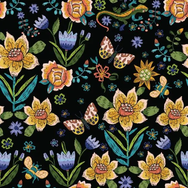 Vector illustration of Embroidery ethnic simplified seamless pattern with butterflies and flowers.