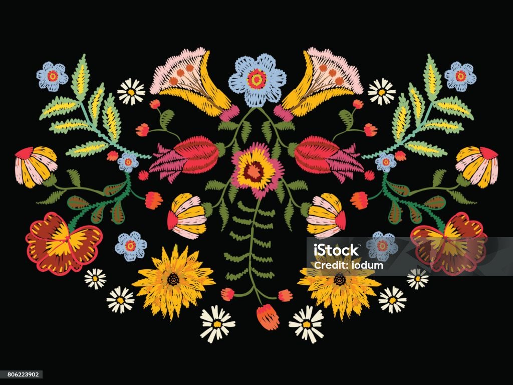 Ricamo motivo etnico con fiori colorati. - arte vettoriale royalty-free di Cultura messicana