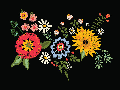 Embroidery native pattern with fantasy flowers. Vector embroidered traditional floral bouquet. Tribal style design for fashion wearing.