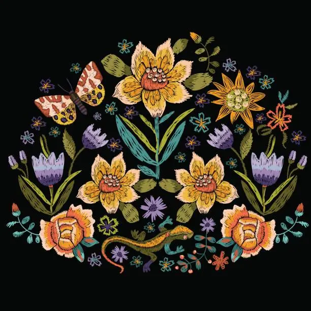 Vector illustration of Embroidery folk pattern with roses, sunflowers and moth.