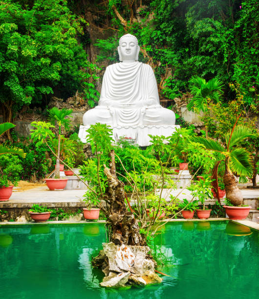 istock View of white Buddha statue and emerald pond among green trees 806230944