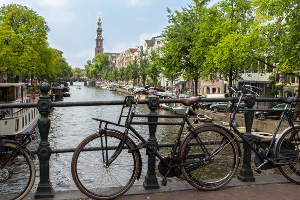 istock Amsterdam canal scene with bicycles and bridges 806242328