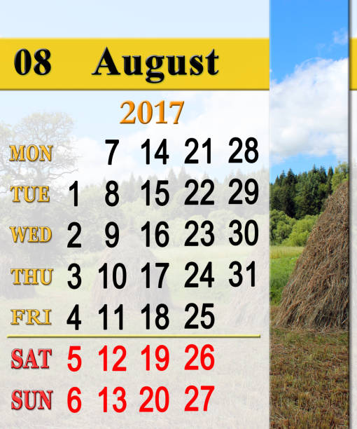 istock calendar for August 2017 with stacks in village 806250576