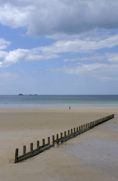 istock Beach with breakwater and person walking; sunny. 806253020