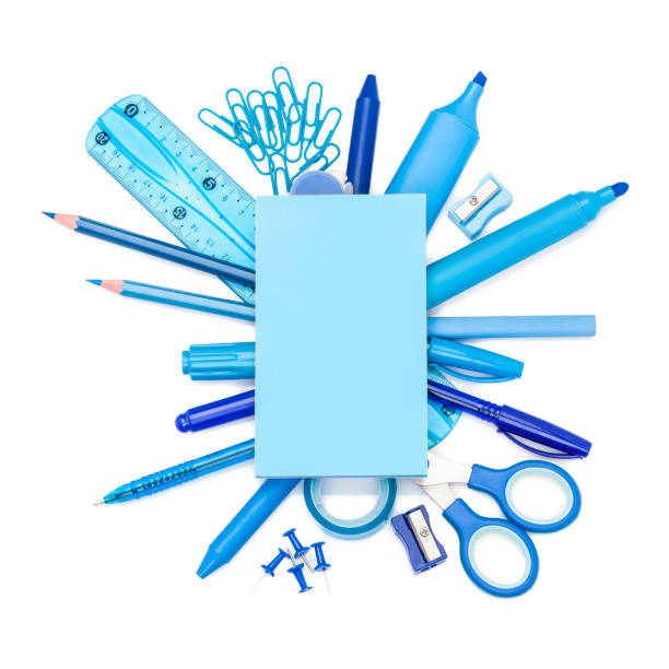 istock Blue colored office or school supplies on white background 806254432