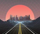 istock 1980s Style Retro Digital Landscape with City at Sunset 806261502