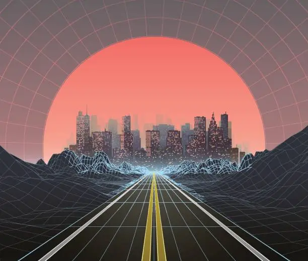 Vector illustration of 1980s Style Retro Digital Landscape with City at Sunset