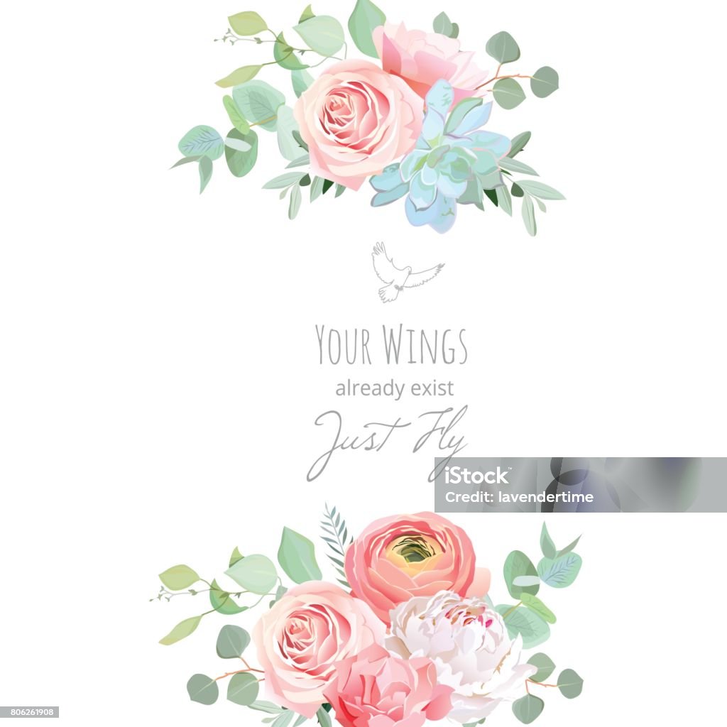 Delicate wedding floral vector design card Delicate wedding floral vector design card. Bouquet frame. White peony, peachy rose, ranunculus, carnation, succulents, eucalyptus. Colorful flower objects set. All elements are isolated and editable Flower stock vector