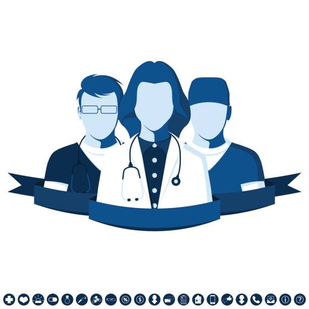 illustrazioni stock, clip art, cartoni animati e icone di tendenza di emblema in stile piatto con gruppo di medici - white background nurse occupation people