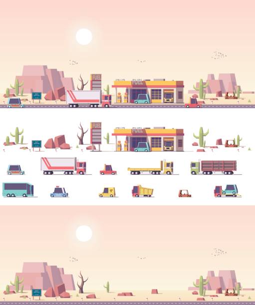 ilustrações de stock, clip art, desenhos animados e ícones de vector isometric low poly filling station - isometric gas station transportation car