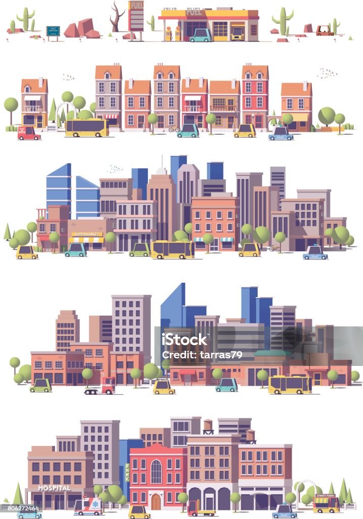 Scènes de ville 2d vectoriel low poly - clipart vectoriel de Ville - Milieu urbain libre de droits