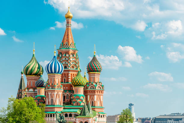 Saint Basil Cathedral Moscow in Summer Copy Space Russia Famous Saint Basil Church in summer under blue cloudless sky with plenty of copy space for your layout. Russian Orthodox Cathedral, the most famous international landmark on the Red Square in Moscow, Russia. moscow russia stock pictures, royalty-free photos & images