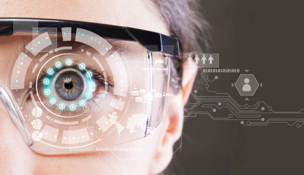 Futuristic smart glasses Young woman loking at virtual graphics in futuristic background head mounted display stock pictures, royalty-free photos & images
