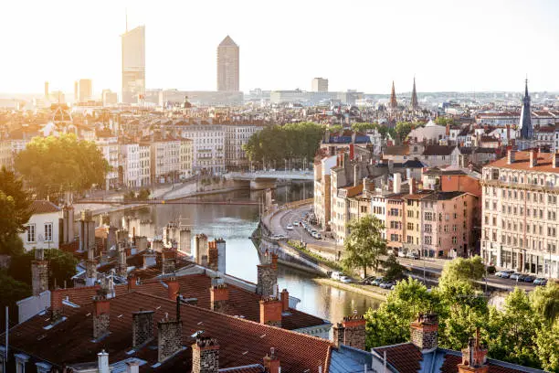 Morning aerial cityscape view with beautiful old buildings and skyscrapers in Lyon city, France