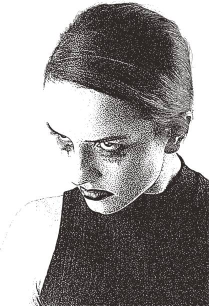 Close up portrait of angry, sad young woman Engraving portrait of an angry, sad young woman with smudged mascara woman mascara smudged stock illustrations