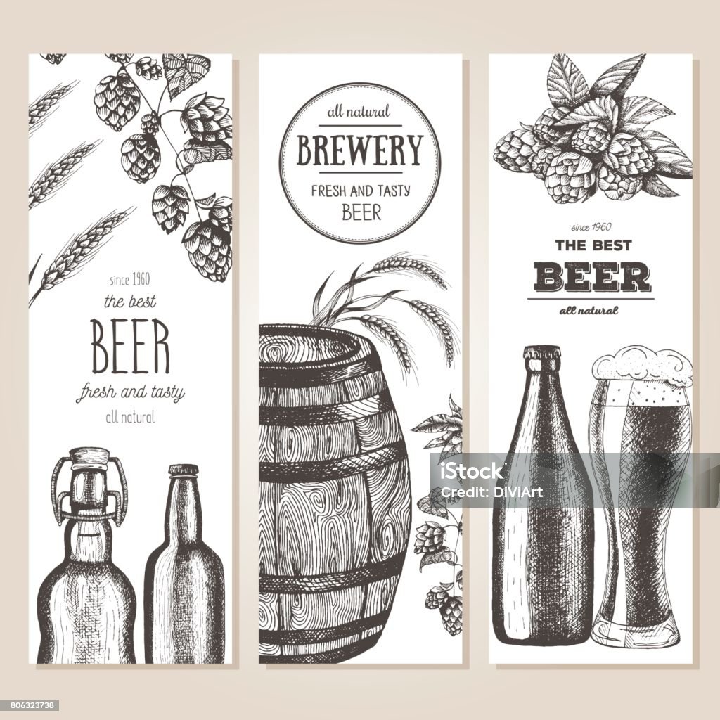 Beer banner set. Vector illustration in sketch style. Hand drawn beer vertical banners. Line drawing Backgrounds stock vector