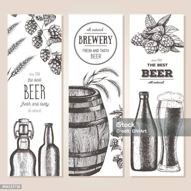 Beer Banner Set Vector Illustration In Sketch Style Hand Drawn Beer Vertical Banners Line Drawing Stock Illustration - Download Image Now