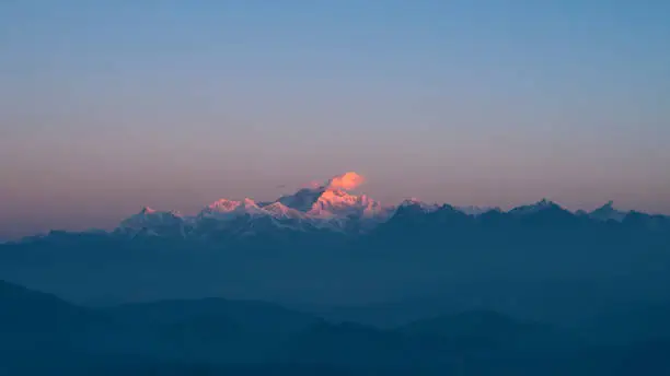 This is an image of the first rays of sun falling on the mighty Kanchenjunga mountain