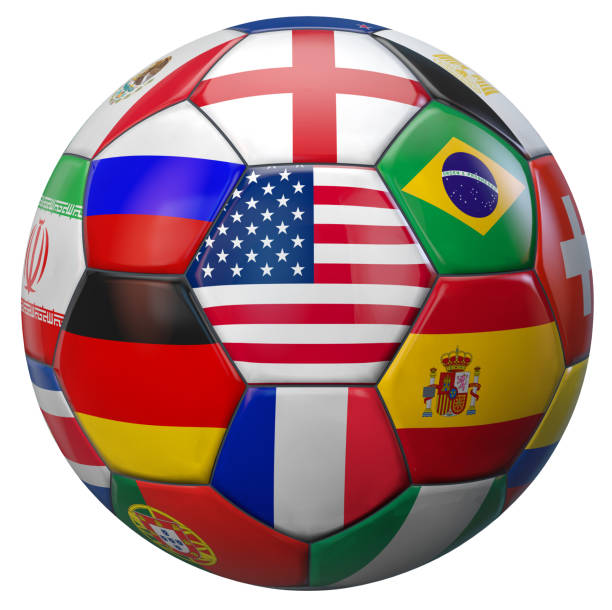 World Soccer USA USA soccer football with world national teams flags. Clipping path included for easy selection. 3D illustration. international team soccer stock pictures, royalty-free photos & images