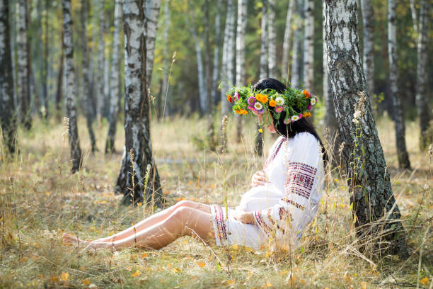 istock Pregnant girl in a birch grove. 806362984