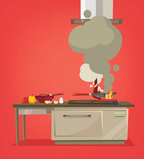 On kitchen stove burns food On kitchen stove burns food. Vector flat cartoon illustration chef cooking flames stock illustrations