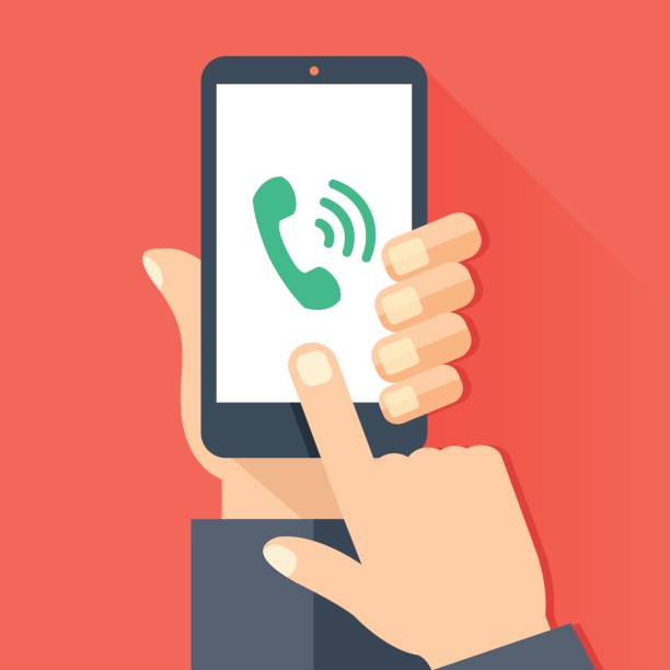 Phone call, incoming call, answer, ringing phone concepts. Hand holding smartphone with green handset icon and waves, Finger touching screen. Modern flat design vector illustration - ilustração de arte vetorial